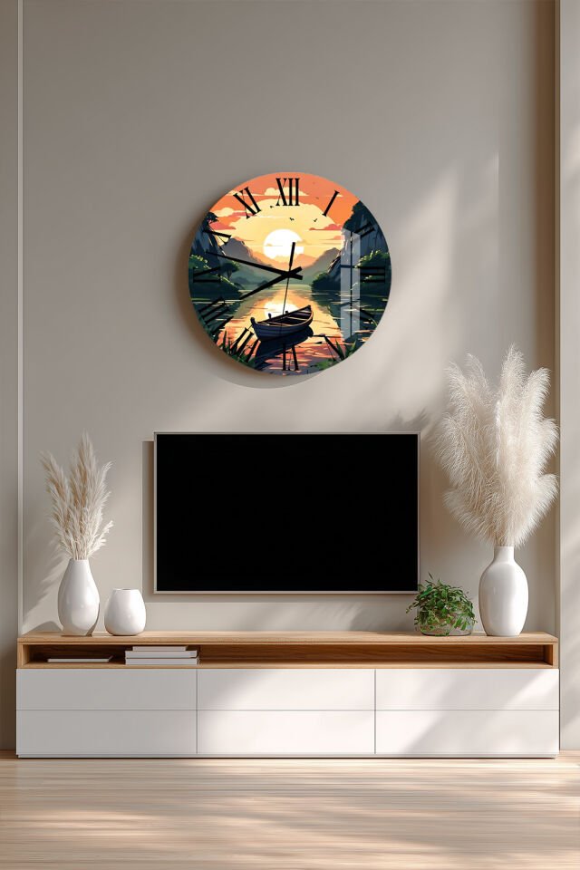 KIRILMAZ CAM DUVAR SAATİ, HEM TABLO HEM SAAT GÖL VE GÜN BATIMI MANZARASI EV OFİS HEDİYESİ