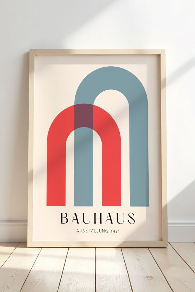 DOĞAL AHŞAP - Bauhaus Stili Karışık Renkli Vintage Geometrik Sanat Ahşap Çerçeveli Duvar Tablosu