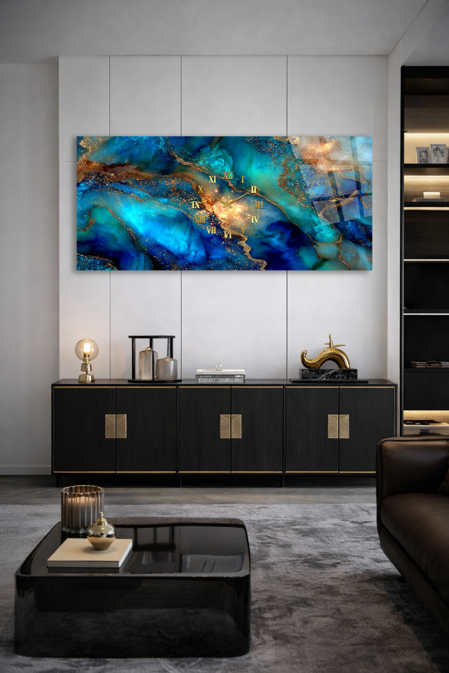 KIRILMAZ CAM DUVAR SAATİ , HEM TABLO HEM SAAT MAVİ ALTIN SOYUT MERMER TASARIM EV OFİS HEDİYESİ