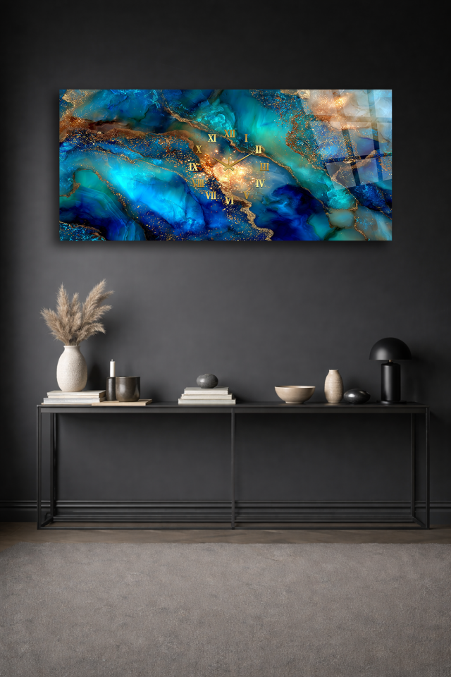 KIRILMAZ CAM DUVAR SAATİ , HEM TABLO HEM SAAT MAVİ ALTIN SOYUT MERMER TASARIM EV OFİS HEDİYESİ