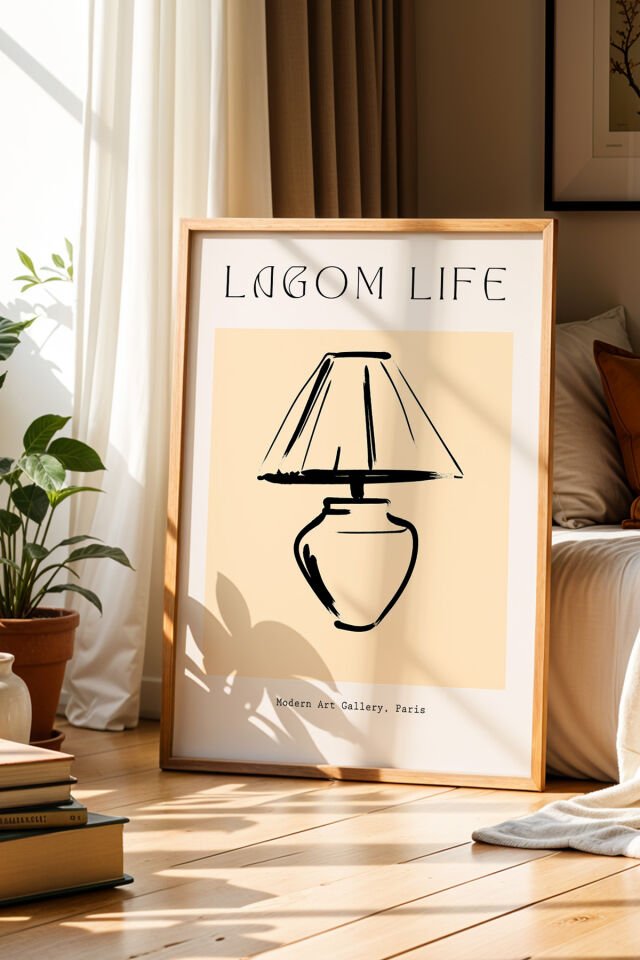 DOĞAL AHŞAP - Retro Abajur Çizim Minimalist Bej Bohem Doğal Ahşap Çerçeveli Duvar Tablosu