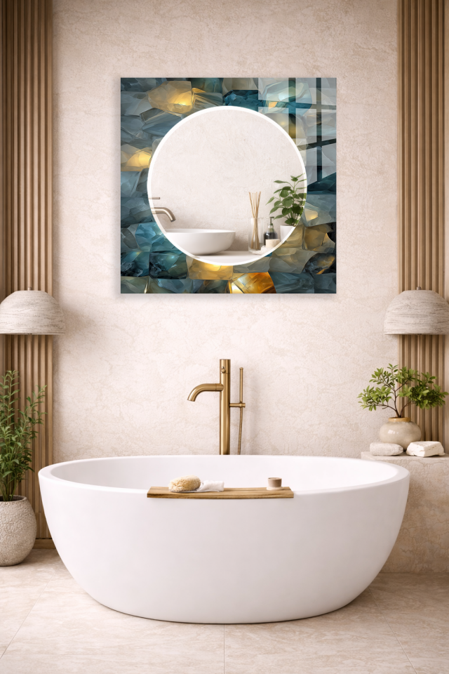 HEM TABLO HEM AYNA MAVİ SARI KRİSTAL PARÇALI SOYUT CAM DUVAR AYNASI EV DEKORU