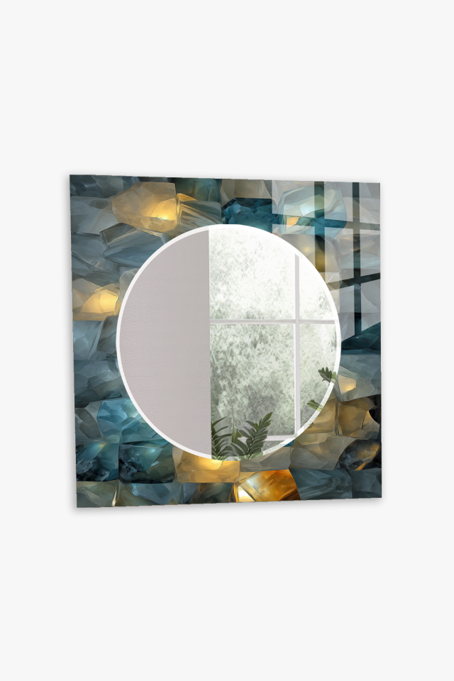 HEM TABLO HEM AYNA MAVİ SARI KRİSTAL PARÇALI SOYUT CAM DUVAR AYNASI EV DEKORU