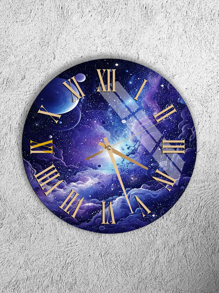 KIRILMAZ CAM DUVAR SAATİ, HEM TABLO HEM SAAT GALAKSİ VE GEZEGEN DESENLİ ALTIN ROMEN RAKAM EV OFİS HEDİYESİ