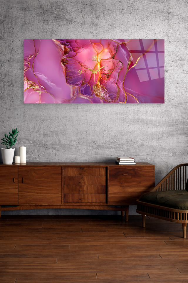 KIRILMAZ CAM DUVAR SAATİ , HEM TABLO HEM SAAT PEMBE MERMER ALTIN DAMARLI EV OFİS HEDİYESİ