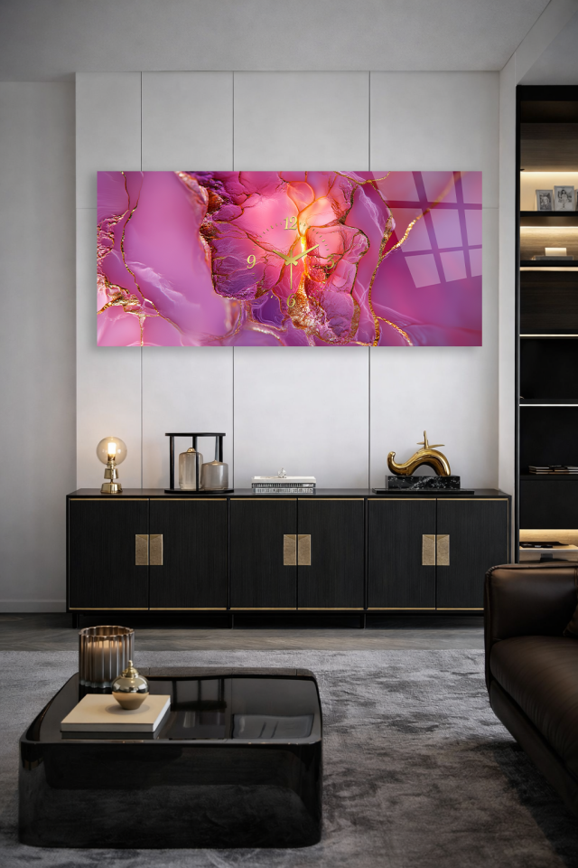 KIRILMAZ CAM DUVAR SAATİ , HEM TABLO HEM SAAT PEMBE MERMER ALTIN DAMARLI EV OFİS HEDİYESİ