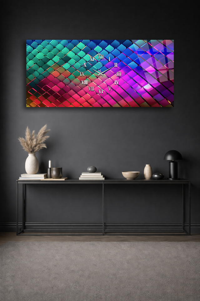 KIRILMAZ CAM DUVAR SAATİ , HEM TABLO HEM SAAT RENKLİ GEOMETRİK DESEN TASARIM EV OFİS HEDİYESİ