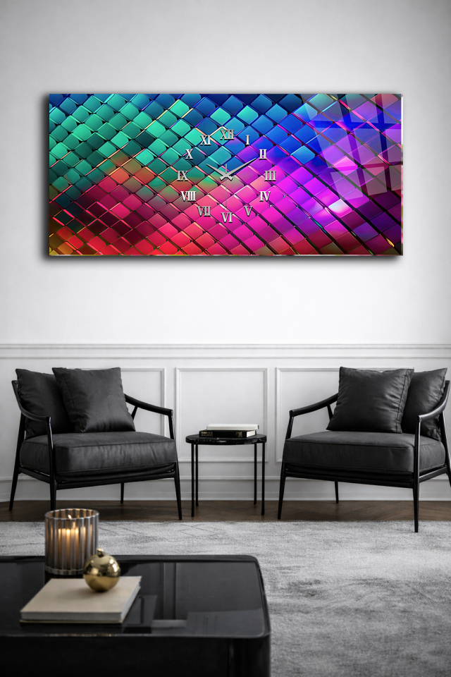 KIRILMAZ CAM DUVAR SAATİ , HEM TABLO HEM SAAT RENKLİ GEOMETRİK DESEN TASARIM EV OFİS HEDİYESİ