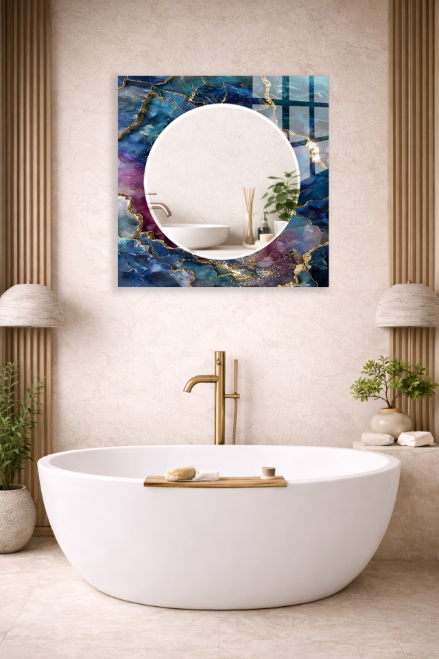 HEM TABLO HEM AYNA MAVİ MOR ALTIN DAMAR MERMER CAM DUVAR AYNASI EV DEKORU