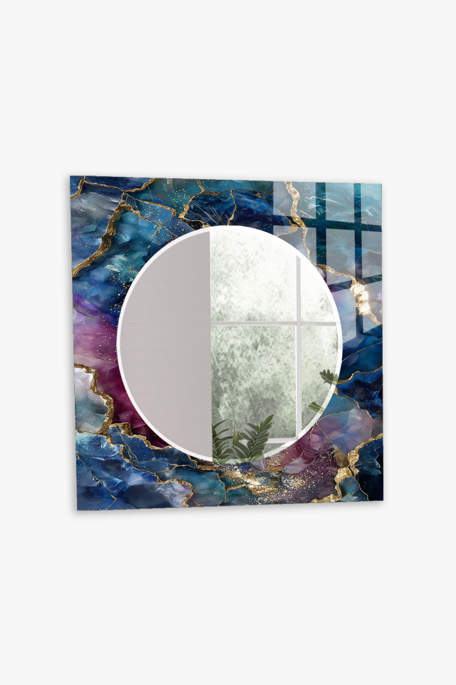 HEM TABLO HEM AYNA MAVİ MOR ALTIN DAMAR MERMER CAM DUVAR AYNASI EV DEKORU