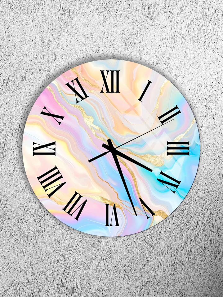 KIRILMAZ CAM DUVAR SAATİ, HEM TABLO HEM SAAT PASTEL RENKLİ SOYUT MERMER MODERN EV OFİS HEDİYESİ