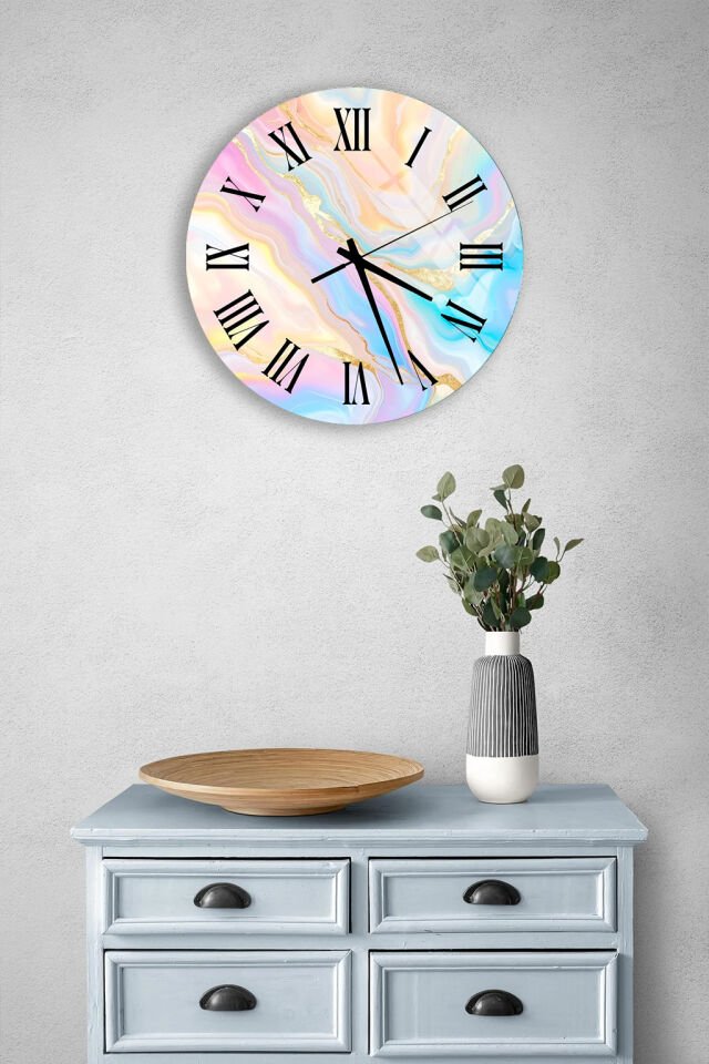 KIRILMAZ CAM DUVAR SAATİ, HEM TABLO HEM SAAT PASTEL RENKLİ SOYUT MERMER MODERN EV OFİS HEDİYESİ