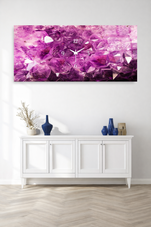 KIRILMAZ CAM DUVAR SAATİ , HEM TABLO HEM SAAT MOR KRİSTAL TAŞ DESENİ EV OFİS HEDİYESİ