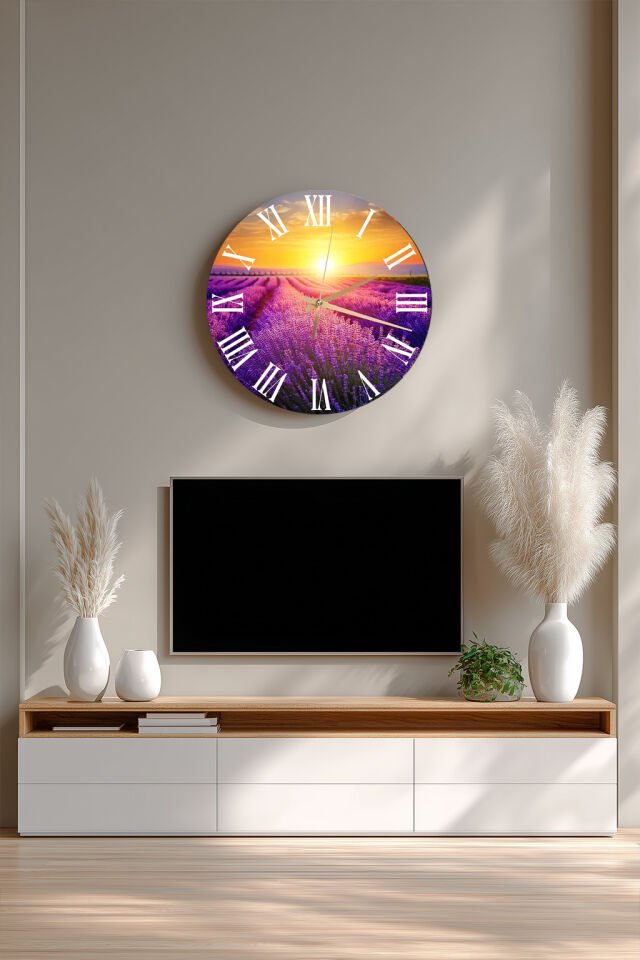 KIRILMAZ CAM DUVAR SAATİ, HEM TABLO HEM SAAT LAVANTA TARLASI MANZARASI EV OFİS HEDİYESİ