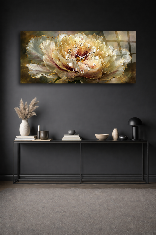 KIRILMAZ CAM DUVAR SAATİ , HEM TABLO HEM SAAT KREM ŞAKAYIK ÇİÇEK TASARIM EV OFİS HEDİYESİ