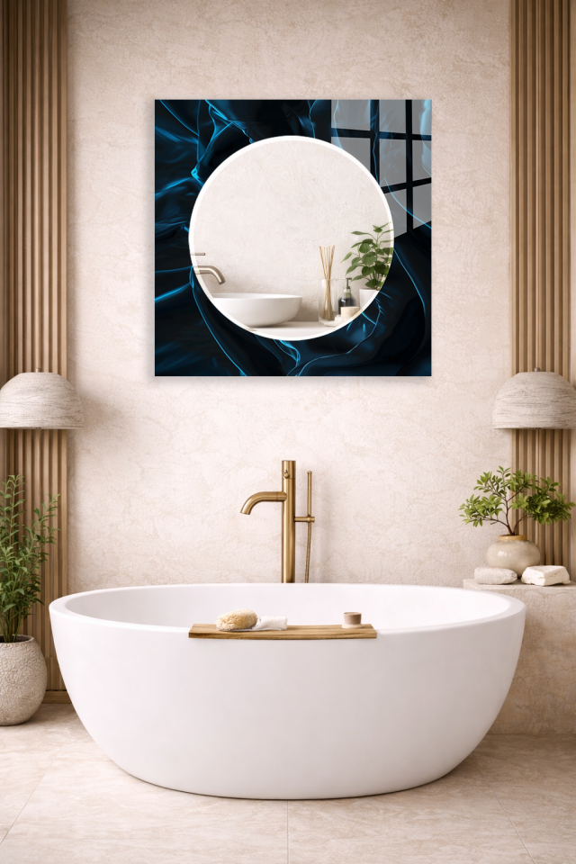 HEM TABLO HEM AYNA KOYU LACİVERT IŞIKLI SOYUT DESEN CAM DUVAR AYNASI EV DEKORU