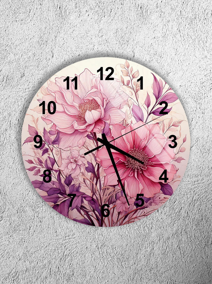 KIRILMAZ CAM DUVAR SAATİ, HEM TABLO HEM SAAT PEMBE ÇİÇEK DESENLİ ZARİF TASARIM EV OFİS HEDİYESİ