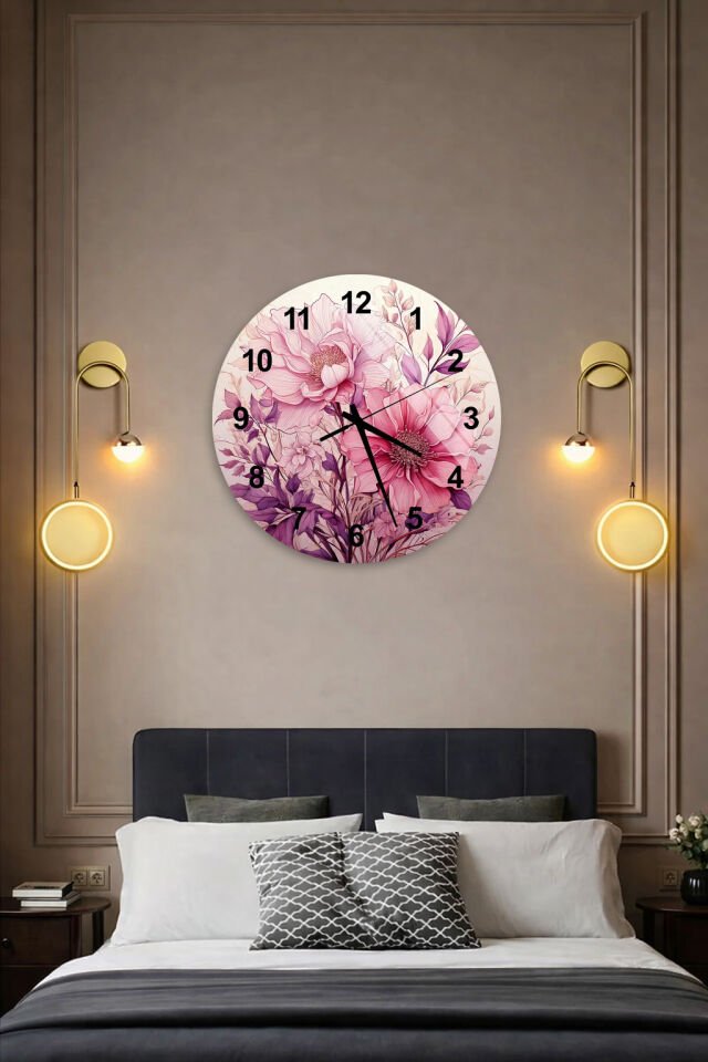 KIRILMAZ CAM DUVAR SAATİ, HEM TABLO HEM SAAT PEMBE ÇİÇEK DESENLİ ZARİF TASARIM EV OFİS HEDİYESİ