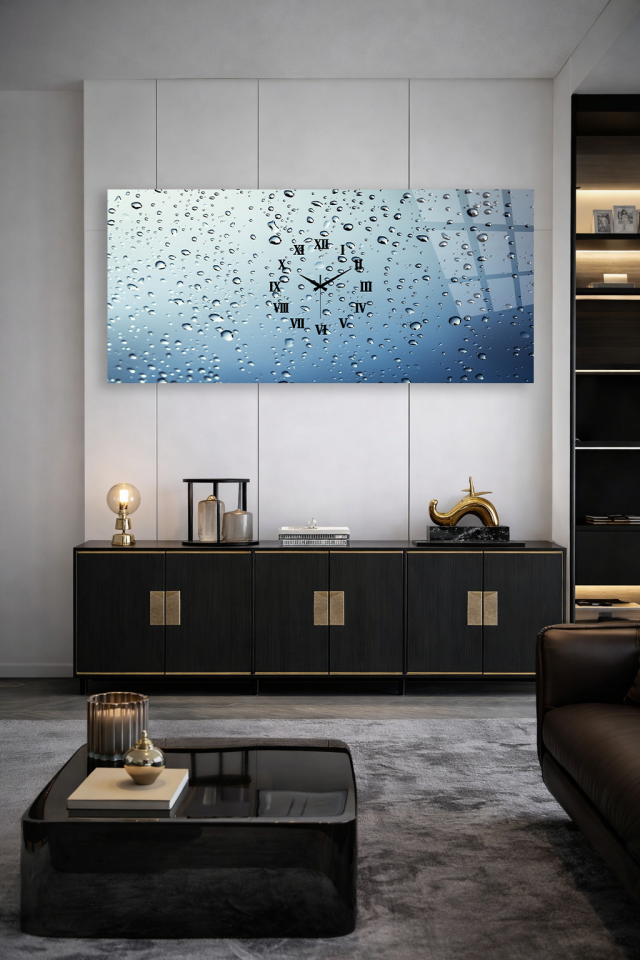 KIRILMAZ CAM DUVAR SAATİ , HEM TABLO HEM SAAT YAĞMUR DAMLALI MODERN MAVİ TASARIM EV OFİS HEDİYESİ