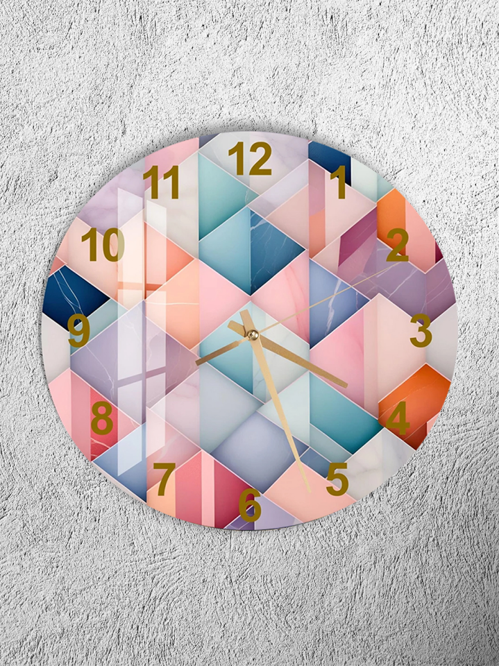 KIRILMAZ CAM DUVAR SAATİ, HEM TABLO HEM SAAT RENKLİ GEOMETRİK MOZAİK EV OFİS HEDİYESİ