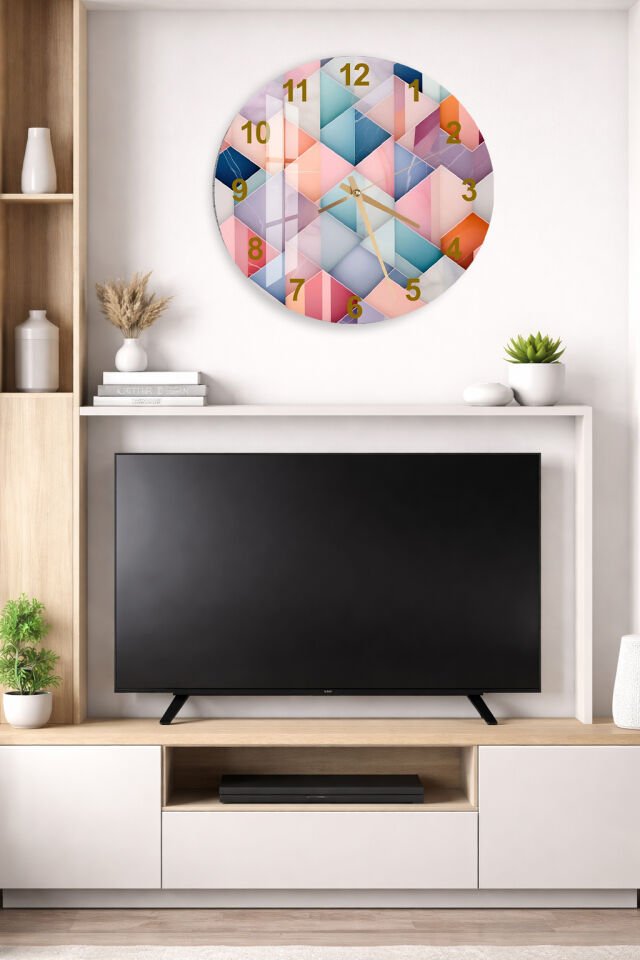 KIRILMAZ CAM DUVAR SAATİ, HEM TABLO HEM SAAT RENKLİ GEOMETRİK MOZAİK EV OFİS HEDİYESİ