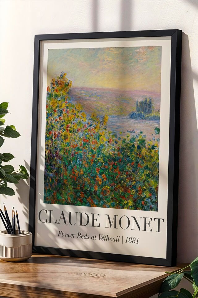 SİYAH - Claude Monet Vetheuil’de Çiçek Yatakları Vintage Doğal Ahşap Çerçeveli Duvar Tablosu