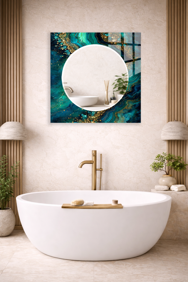 HEM TABLO HEM AYNA TURKUAZ ALTIN AKIŞKAN MERMER CAM DUVAR AYNASI EV DEKORU