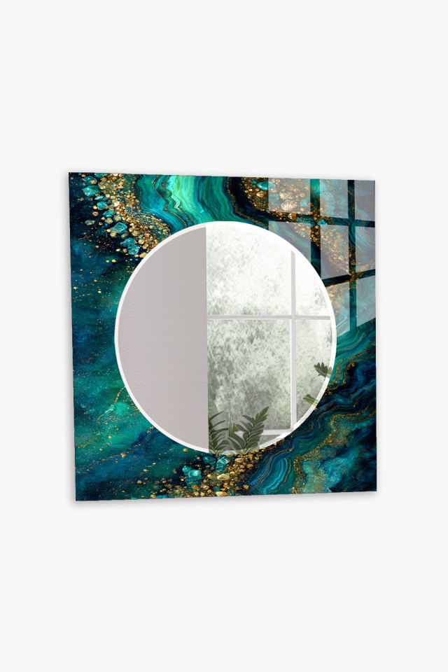 HEM TABLO HEM AYNA TURKUAZ ALTIN AKIŞKAN MERMER CAM DUVAR AYNASI EV DEKORU