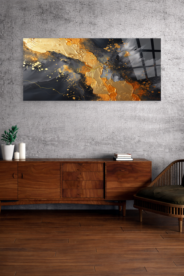 KIRILMAZ CAM DUVAR SAATİ , HEM TABLO HEM SAAT SİYAH ALTIN SOYUT LÜKS MODERN TASARIM EV OFİS HEDİYESİ