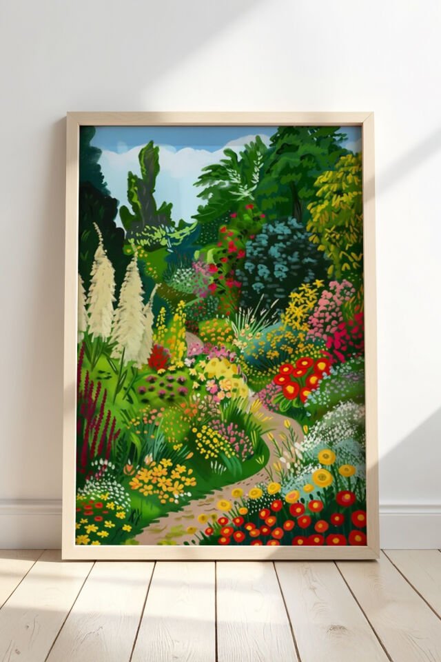 DOĞAL AHŞAP - Doğal ahşap çerçeveli Çiçek Bahçesi İllüstrasyonu duvar tablosu
