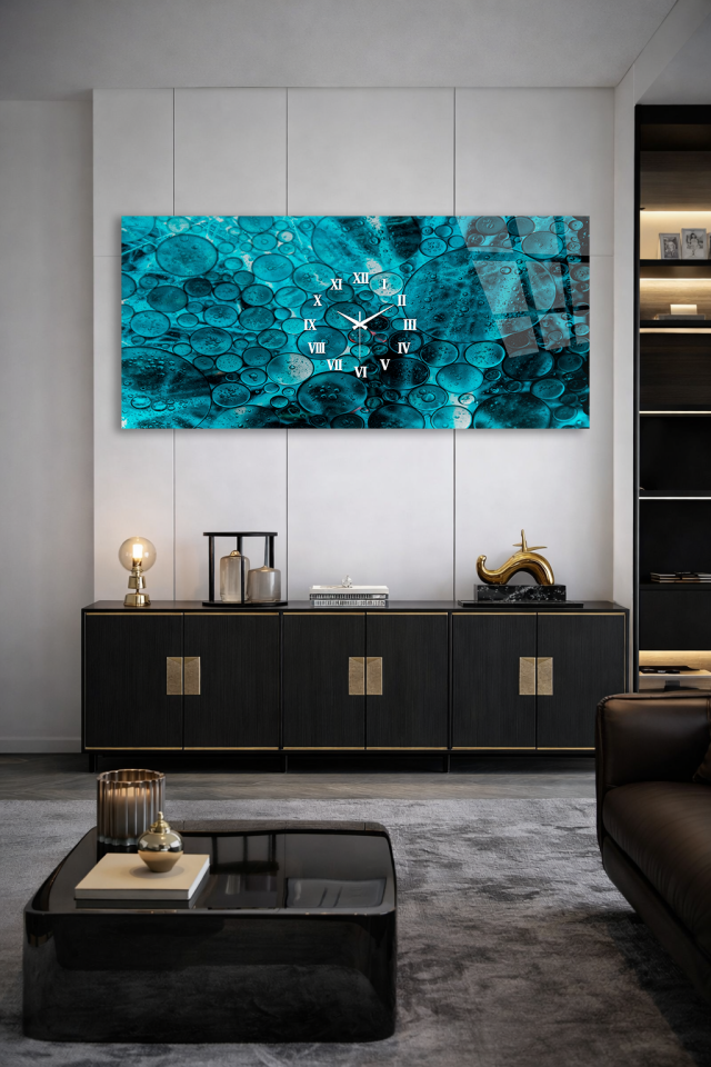 KIRILMAZ CAM DUVAR SAATİ , HEM TABLO HEM SAAT TURKUAZ SU DAMLASI TASARIM EV OFİS HEDİYESİ