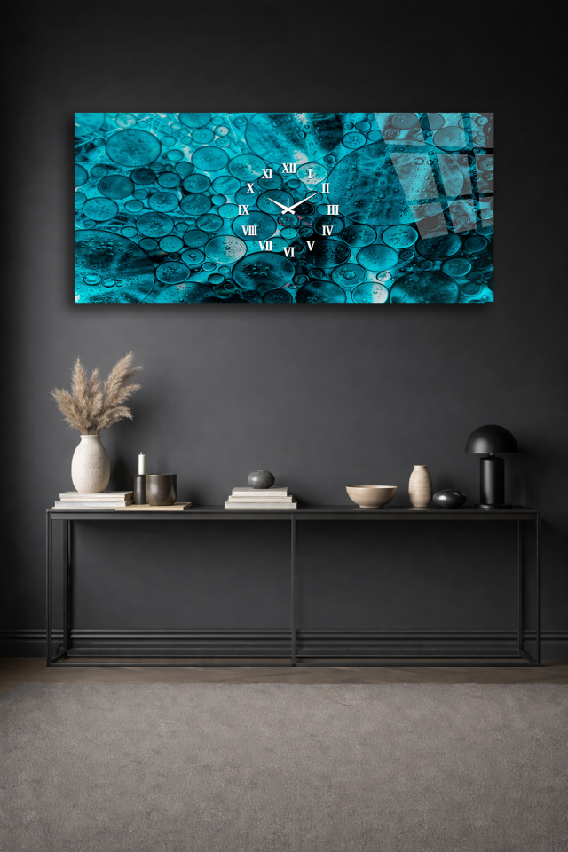 KIRILMAZ CAM DUVAR SAATİ , HEM TABLO HEM SAAT TURKUAZ SU DAMLASI TASARIM EV OFİS HEDİYESİ