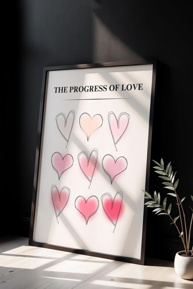 SİYAH - Kalp Harita Minimal Desen Trendy Maksimalist Sanatı Ahşap Çerçeveli Duvar Tablosu