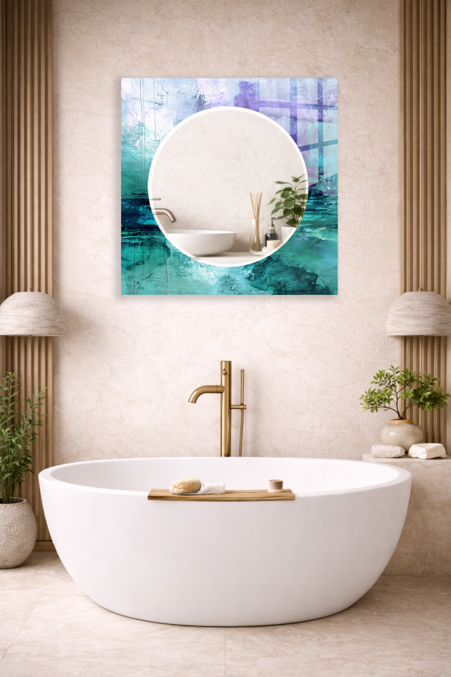 HEM TABLO HEM AYNA YEŞİL MOR SOYUT BOYA SANAT CAM DUVAR AYNASI EV DEKORU