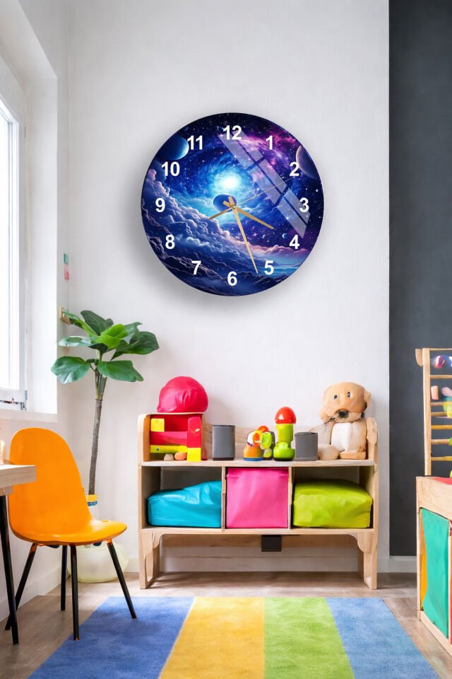 KIRILMAZ CAM DUVAR SAATİ, HEM TABLO HEM SAAT SAYILI GALAKSİ UZAY MANZARASI EV OFİS HEDİYESİ