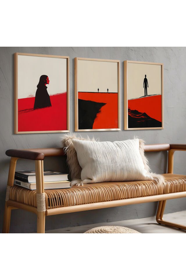 DOĞAL AHŞAP - Abstract Red Düşünce Evreni Üçlü Doğal Ahşap Çerçeveli Duvar Tablo Seti