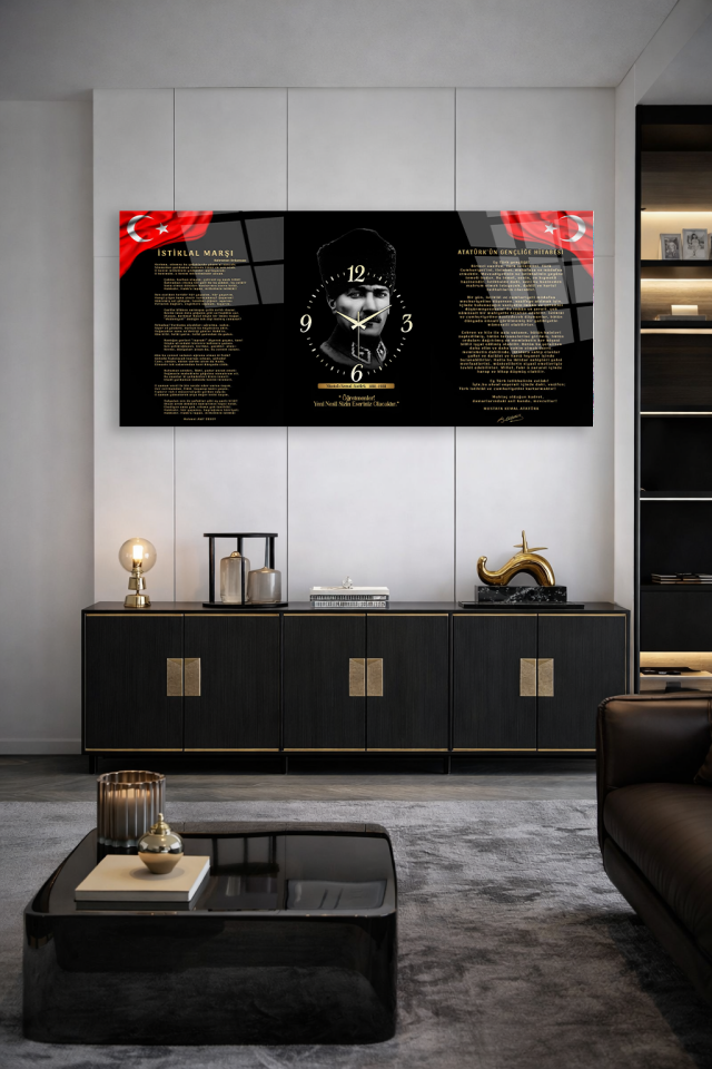 KIRILMAZ CAM DUVAR SAATİ , HEM TABLO HEM SAAT ATATÜRK VE İSTİKLAL MARŞI EV OFİS HEDİYESİ