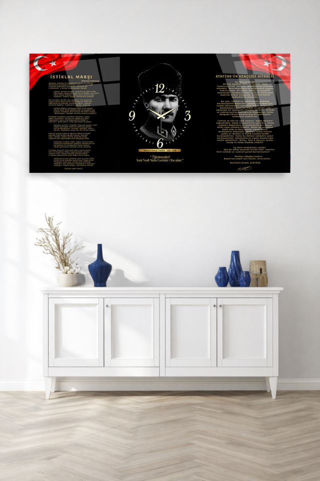 KIRILMAZ CAM DUVAR SAATİ , HEM TABLO HEM SAAT ATATÜRK VE İSTİKLAL MARŞI EV OFİS HEDİYESİ