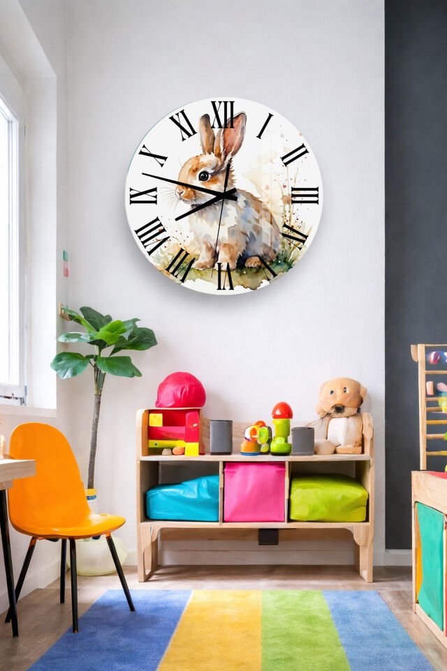 KIRILMAZ CAM DUVAR SAATİ, HEM TABLO HEM SAAT SEVİMLİ TAVŞAN İLLUSTRASYON EV OFİS HEDİYESİ