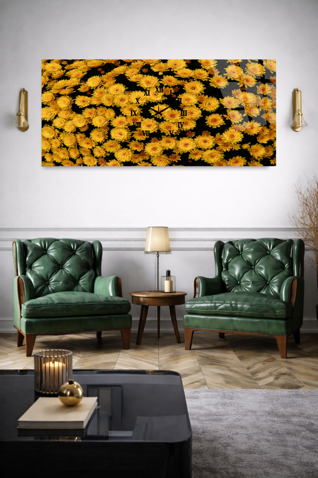 KIRILMAZ CAM DUVAR SAATİ , HEM TABLO HEM SAAT SARI PAPATYA ÇİÇEK DESEN TASARIM EV OFİS HEDİYESİ