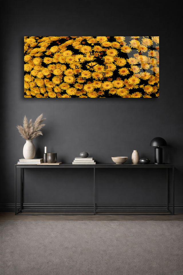 KIRILMAZ CAM DUVAR SAATİ , HEM TABLO HEM SAAT SARI PAPATYA ÇİÇEK DESEN TASARIM EV OFİS HEDİYESİ