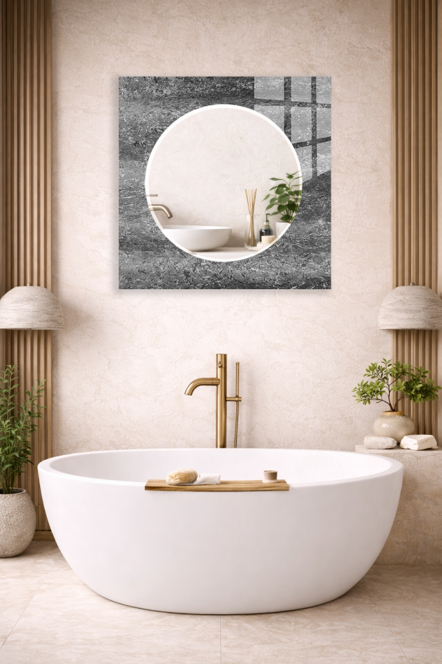 HEM TABLO HEM AYNA GRİ BETON DOKU MODERN CAM DUVAR AYNASI EV DEKORU