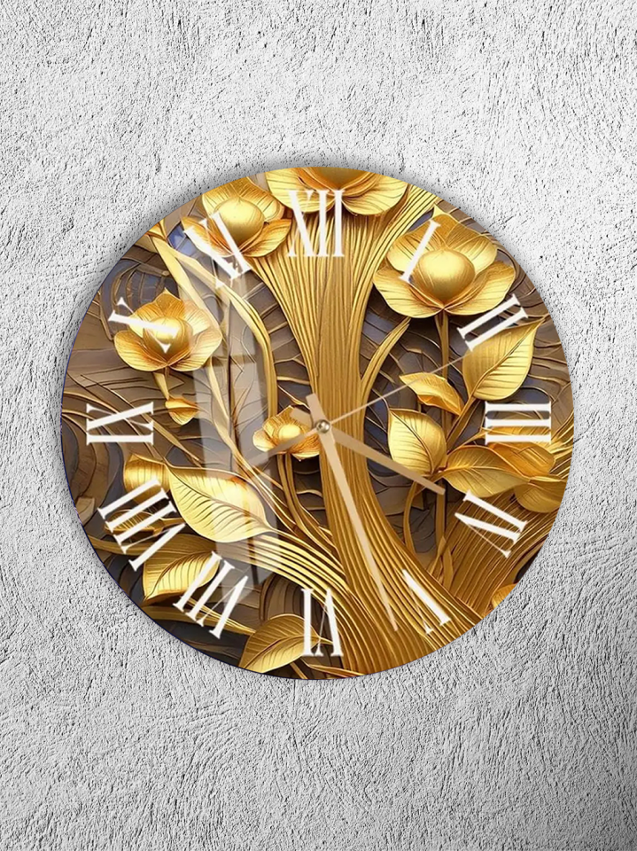 KIRILMAZ CAM DUVAR SAATİ, HEM TABLO HEM SAAT ALTIN ÇİÇEK KABARTMA LÜKS TASARIM EV OFİS HEDİYESİ