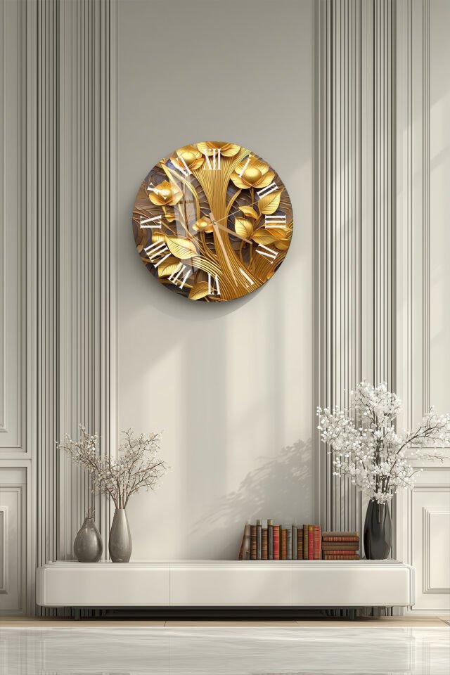 KIRILMAZ CAM DUVAR SAATİ, HEM TABLO HEM SAAT ALTIN ÇİÇEK KABARTMA LÜKS TASARIM EV OFİS HEDİYESİ