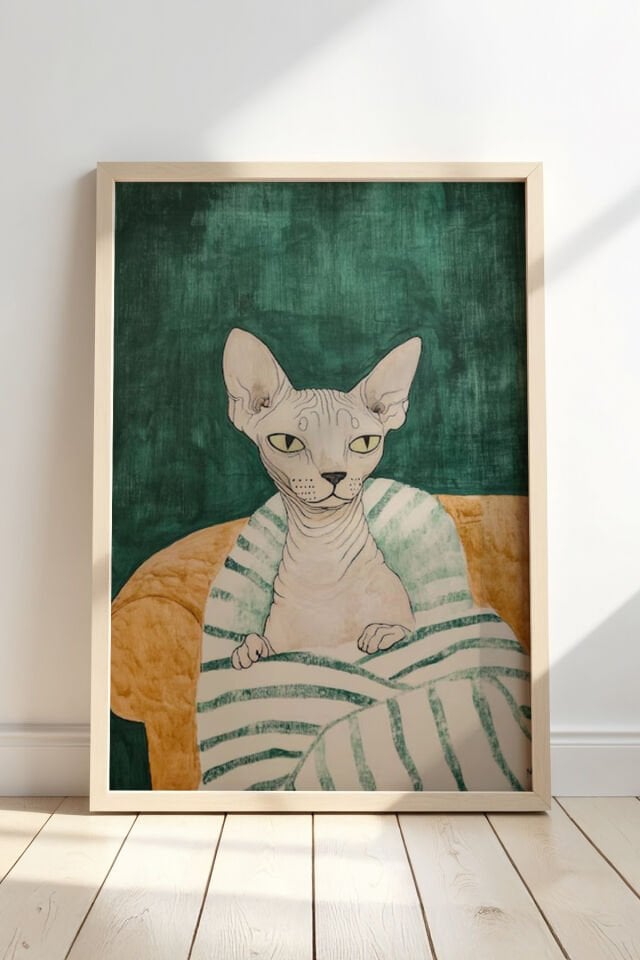 DOĞAL AHŞAP - Sphynx Kedi Baskısı Ahşap Çerçeveli Duvar Kedi Tablosu
