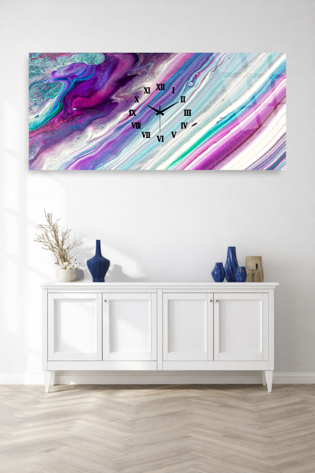 KIRILMAZ CAM DUVAR SAATİ , HEM TABLO HEM SAAT MOR TURKUAZ AKIŞKAN SOYUT TASARIM EV OFİS HEDİYESİ