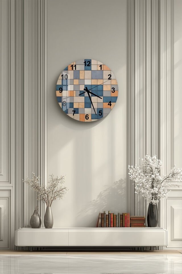 KIRILMAZ CAM DUVAR SAATİ, HEM TABLO HEM SAAT MODERN KARE MOZAYİK DESEN EV OFİS HEDİYESİ