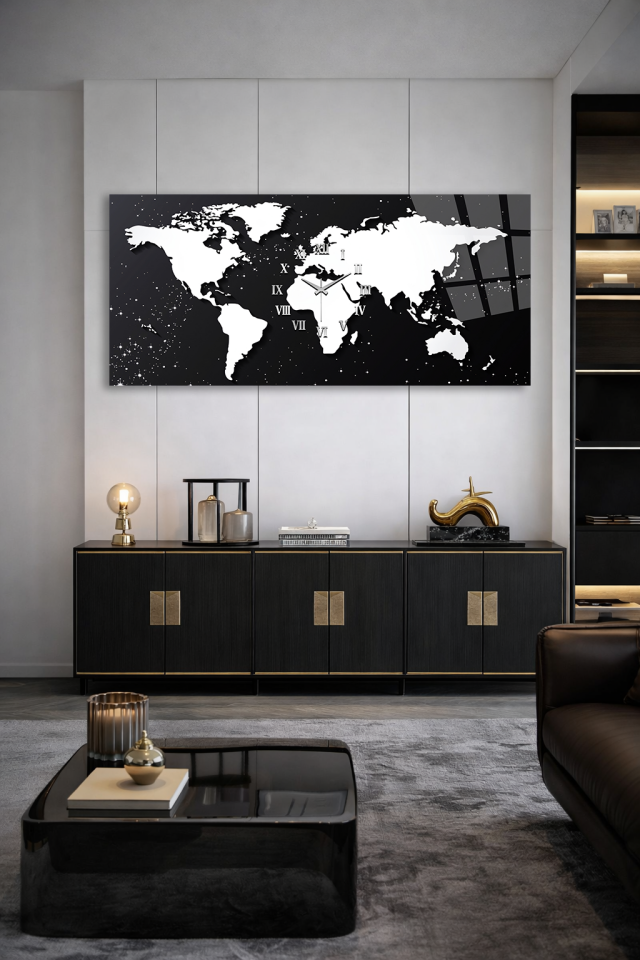 KIRILMAZ CAM DUVAR SAATİ , HEM TABLO HEM SAAT DÜNYA HARİTASI SİYAH BEYAZ TASARIM EV OFİS HEDİYESİ