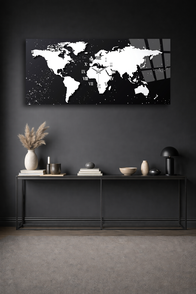 KIRILMAZ CAM DUVAR SAATİ , HEM TABLO HEM SAAT DÜNYA HARİTASI SİYAH BEYAZ TASARIM EV OFİS HEDİYESİ