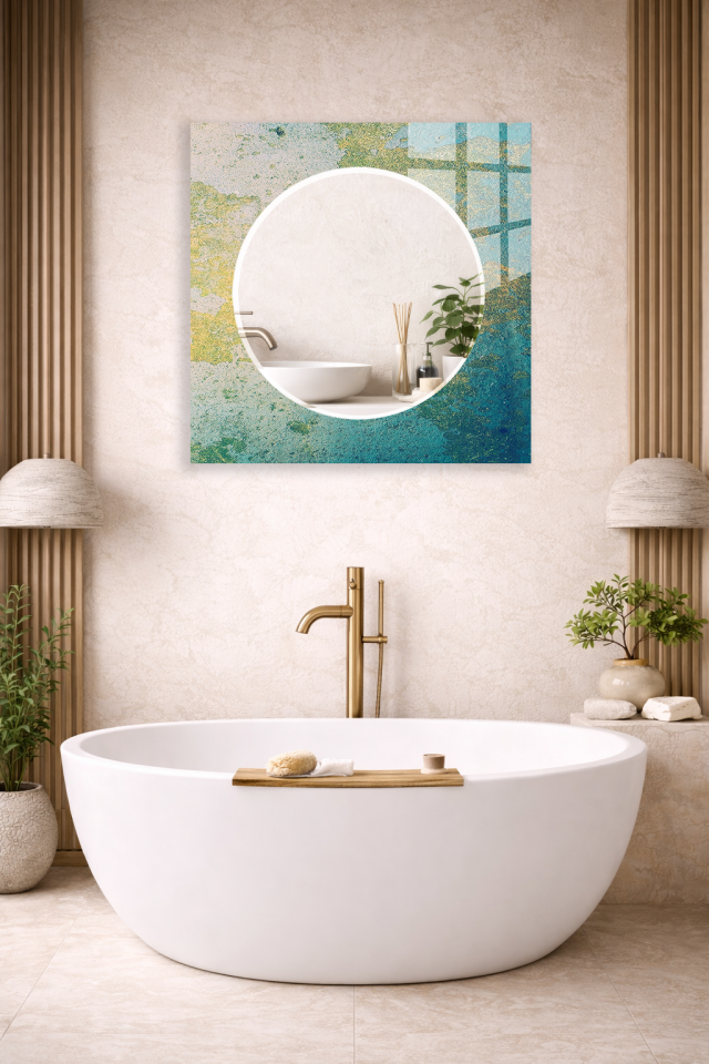HEM TABLO HEM AYNA TURKUAZ DOĞAL DOKU SOYUT DESEN CAM DUVAR AYNASI EV DEKORU